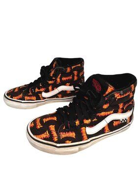 Vans X Thrasher Sk8-Hi Flame Print Sneakers Size 5.5 Black & Orange Canvas Skate